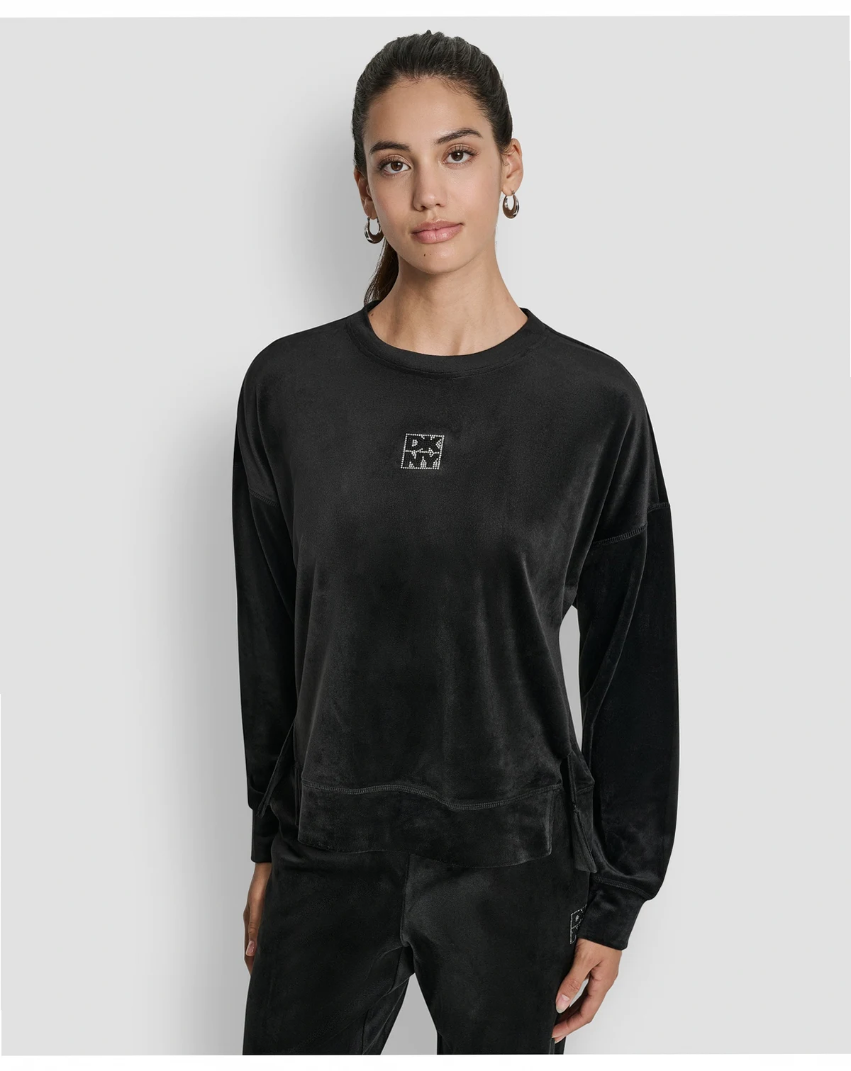 Women's Super Soft Velour Rhinestone Stacked Logo Crewneck Pullover Top