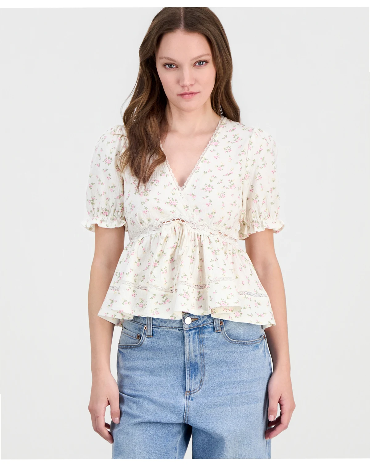 Juniors' Printed Puff-Sleeve Babydoll Top