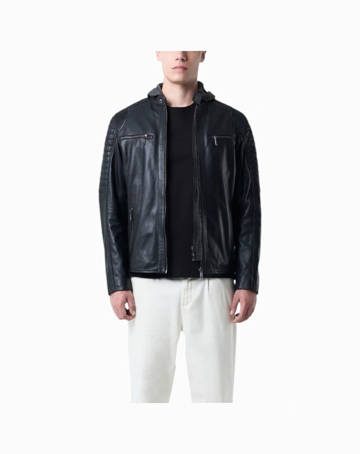 Men's Belmont Leather Jacket with Hood and Chestpiece