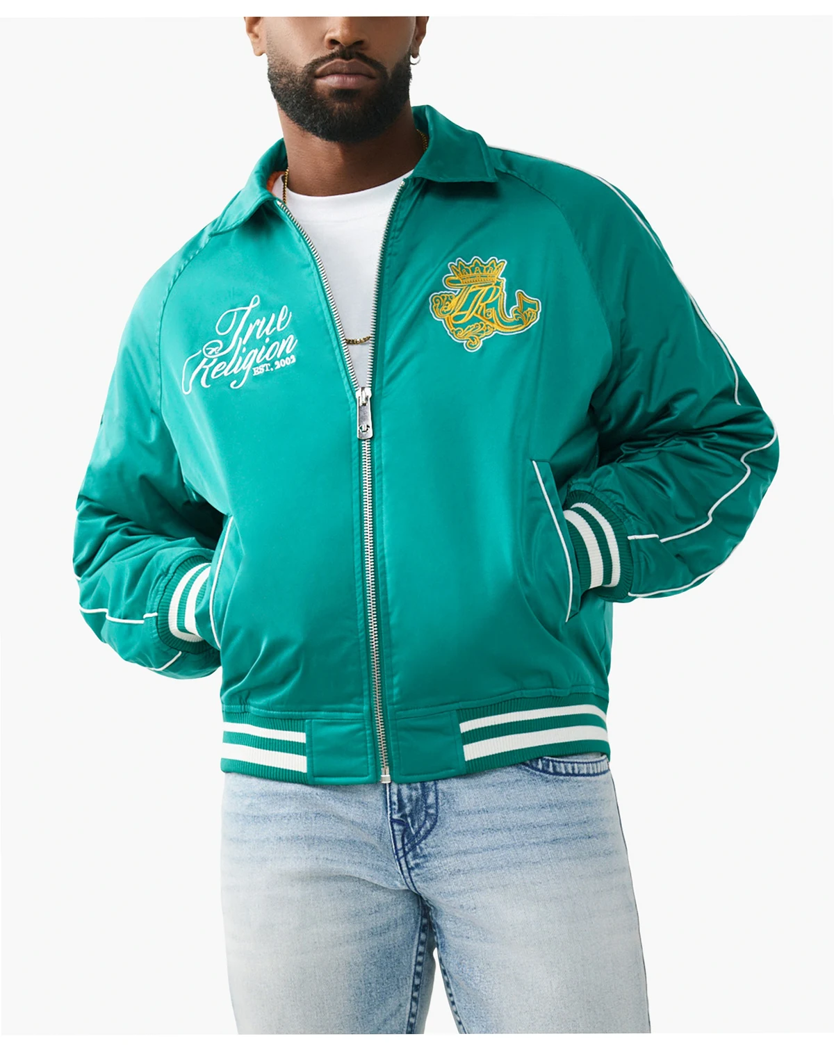 Men's Crest Satin Retro Bomber Jacket