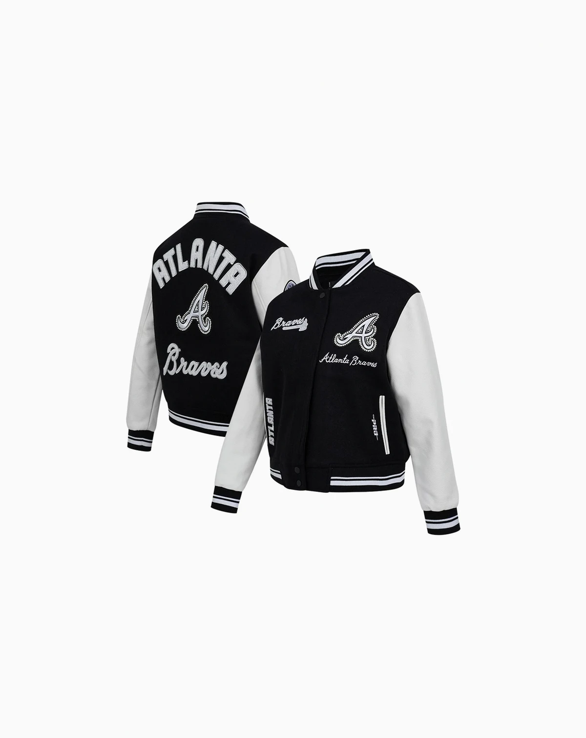 Women's Black Atlanta Braves Cultivated Pearls Rib Wool Full-Zip Varsity Jacket