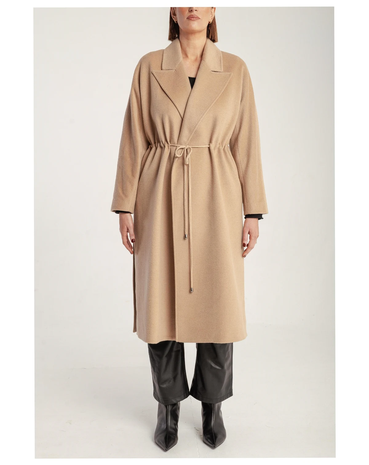 Women's Cashmere Tie Waist Lapel Coat