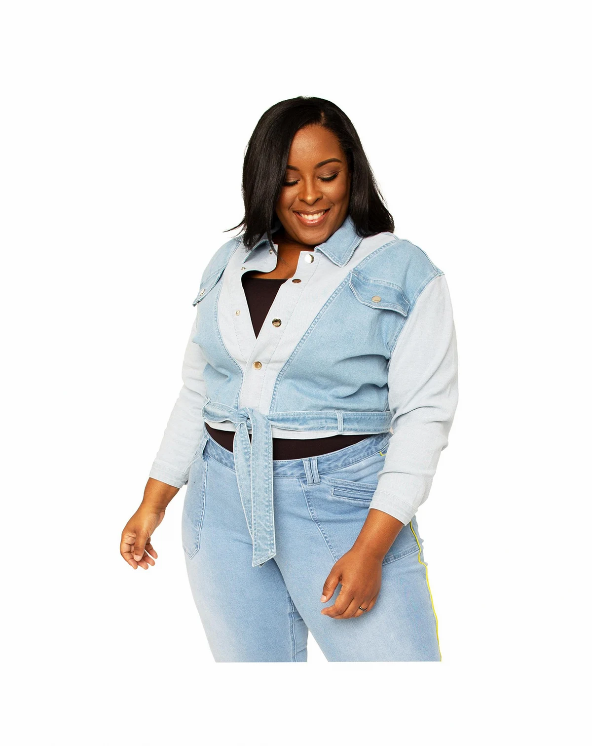 Women's Plus Size Curvy Fit Belted Dual Shade Denim Trucker Jacket