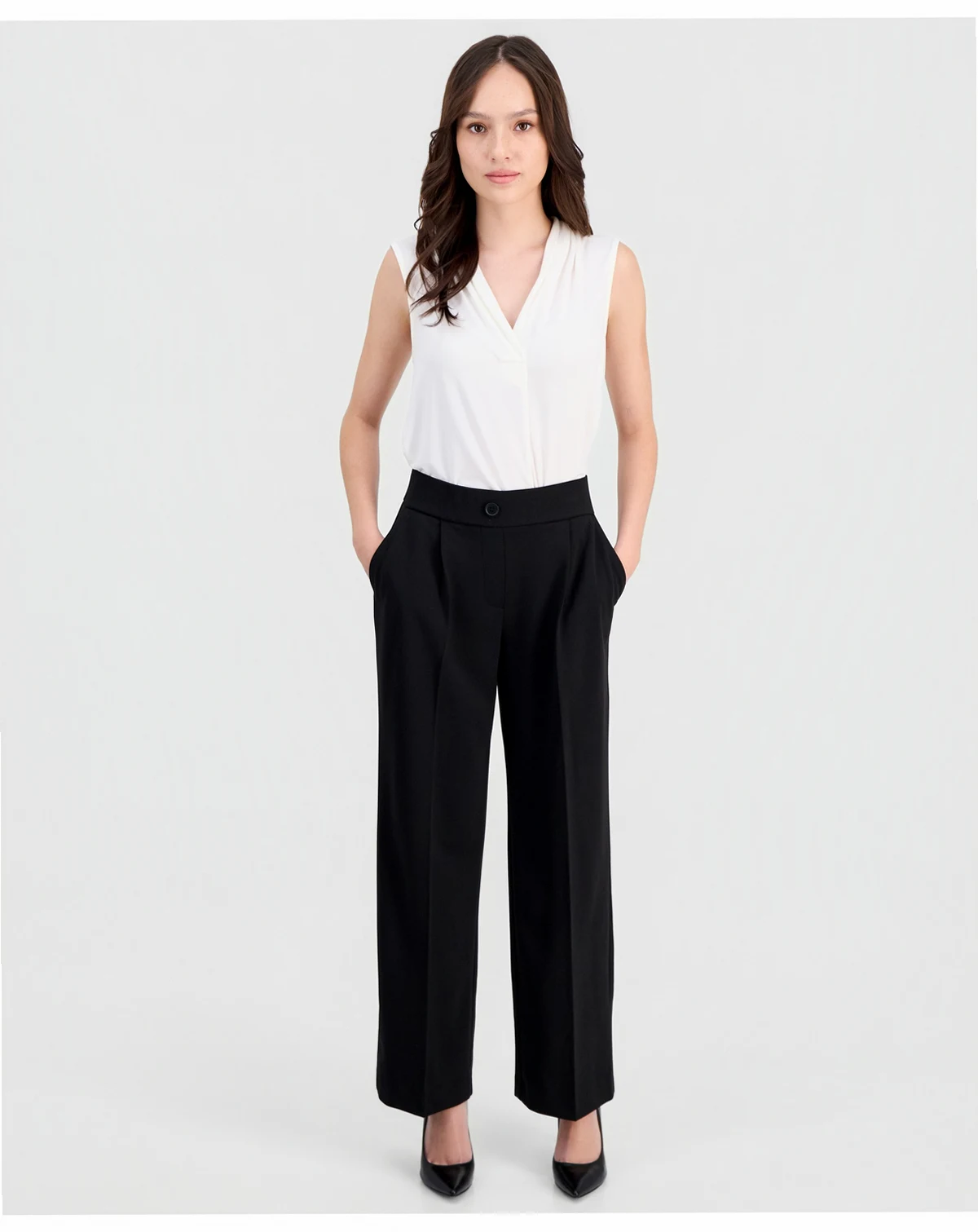 Petite Pleated Faux-Fly Pull-On Pants
