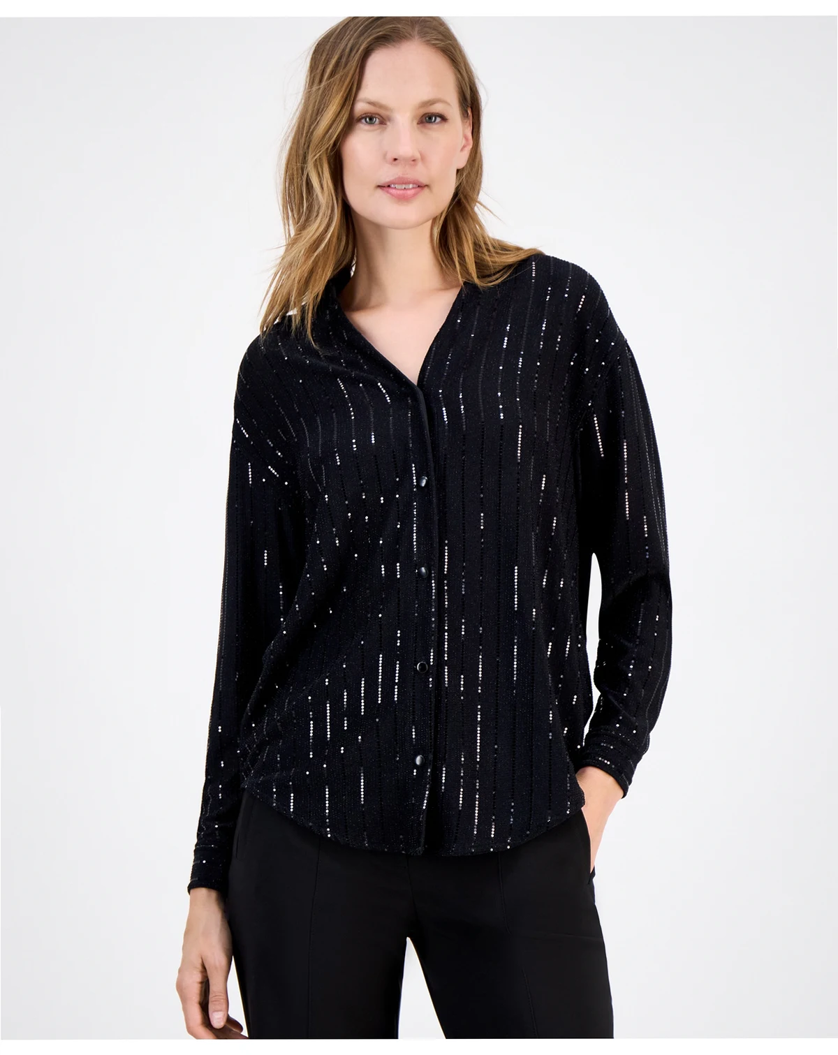 Women's Metallic-Stripe Split-Neck Blouse