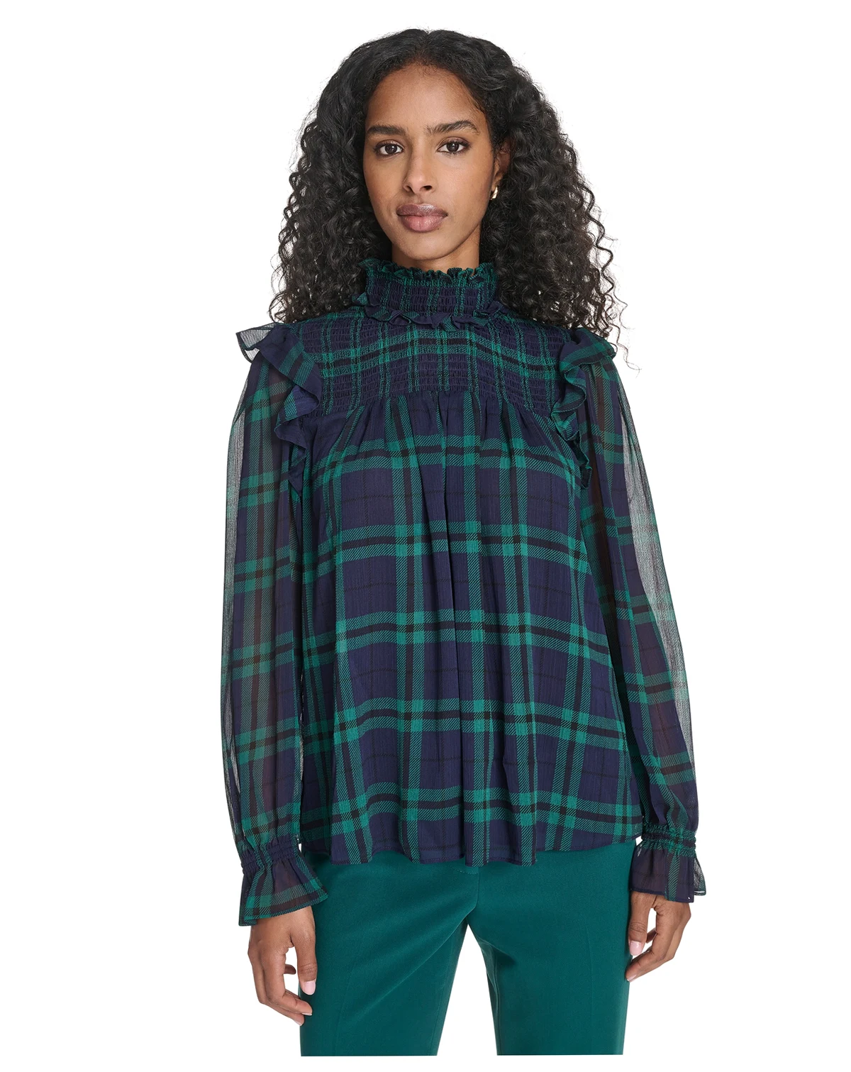 Women's Plaid Peasant Mock Neck Top