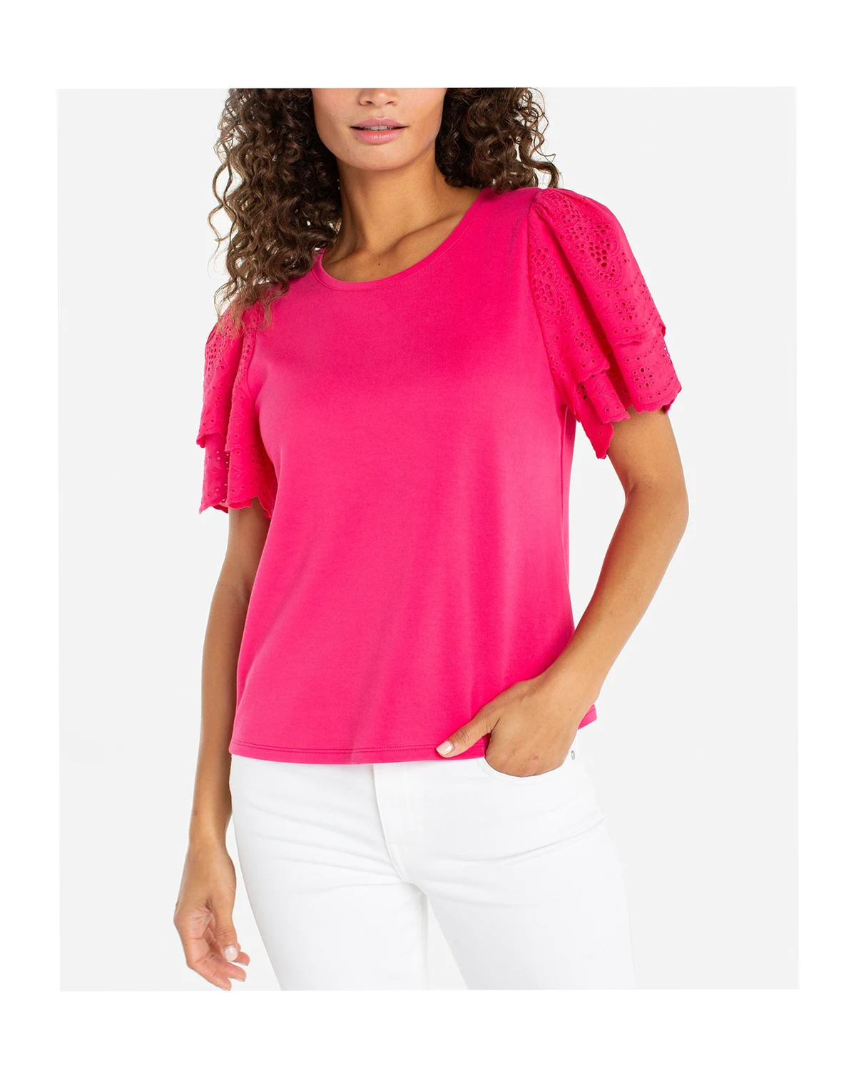 Petite Crew Neck Knit-To-Woven Top