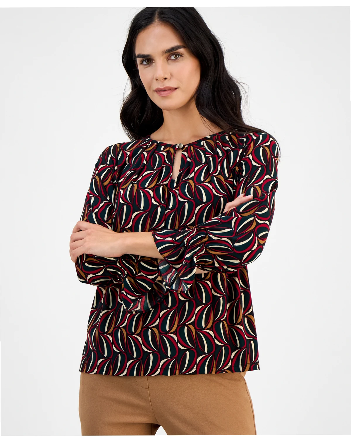 AK Anne Klein Petite Printed Keyhole-Front Flare-Cuff Top