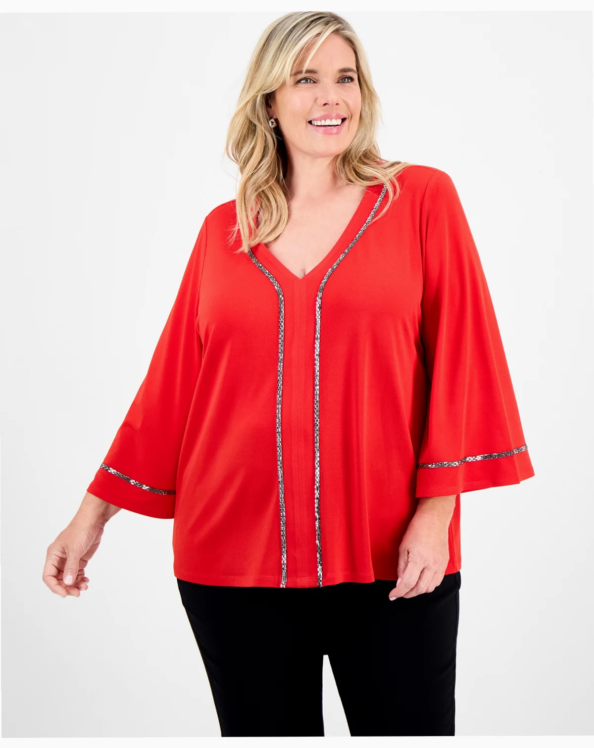 Plus Size Embellished V-Neck 3/4-Sleeve Top, Macy's Exclusive