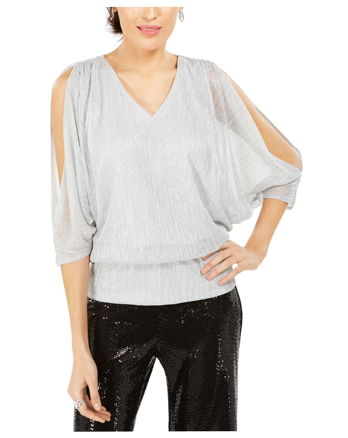 Split-Sleeve Metallic Blouson Top