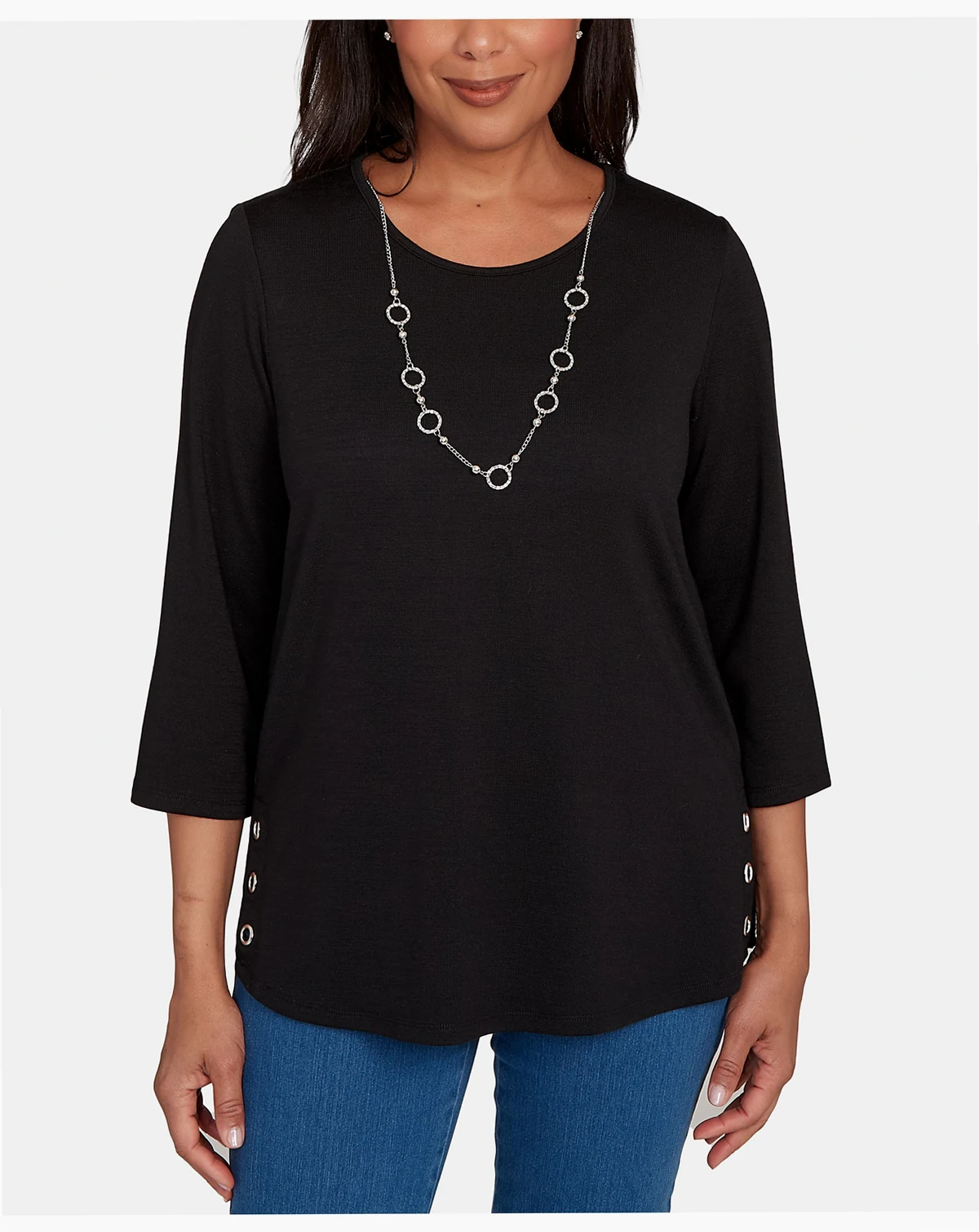 Women's Classic Melange Side Button Crew Neck Top with Necklace