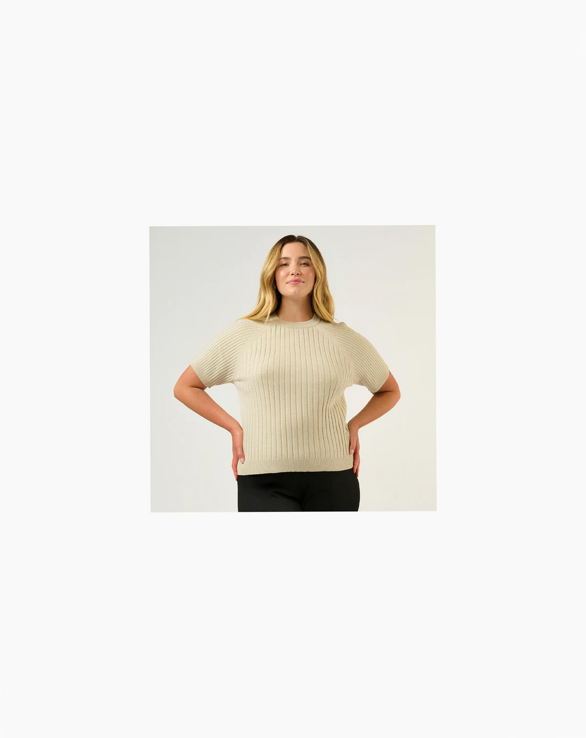 Plus Size Sera Ribbed Crew Neck Short Sleeve Knit Sweater