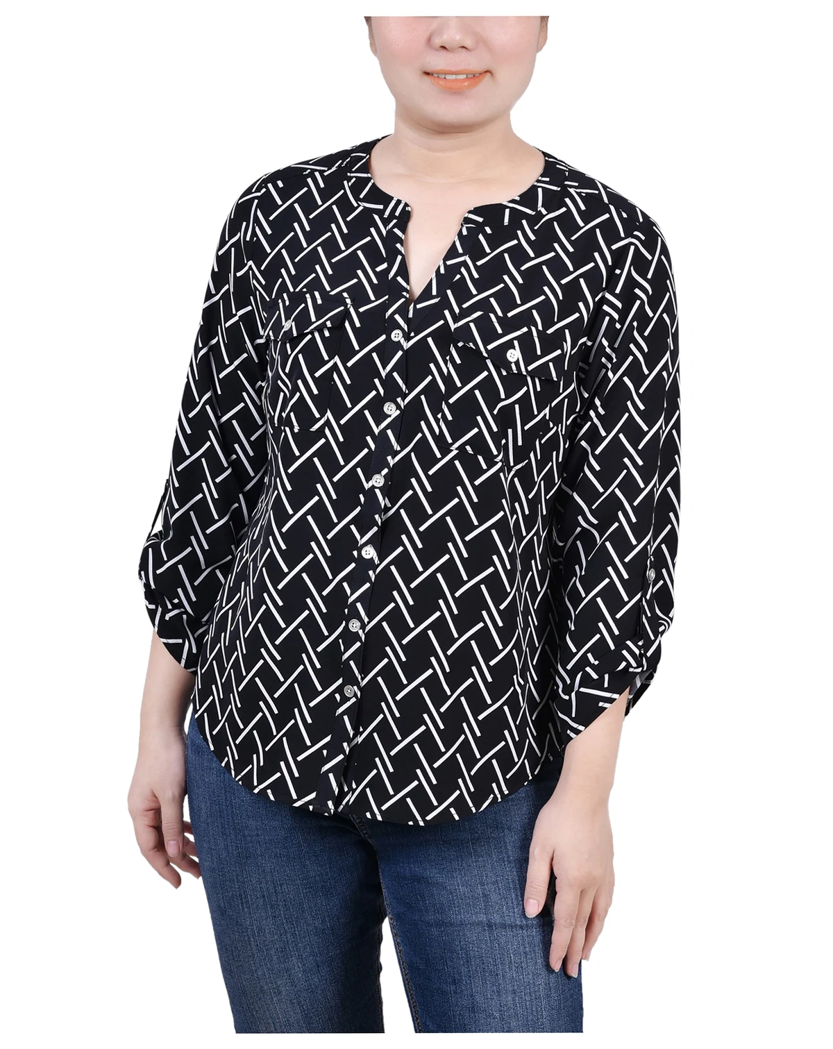 Women's 3/4 Roll Tab Sleeve Mandarin Collar Blouse