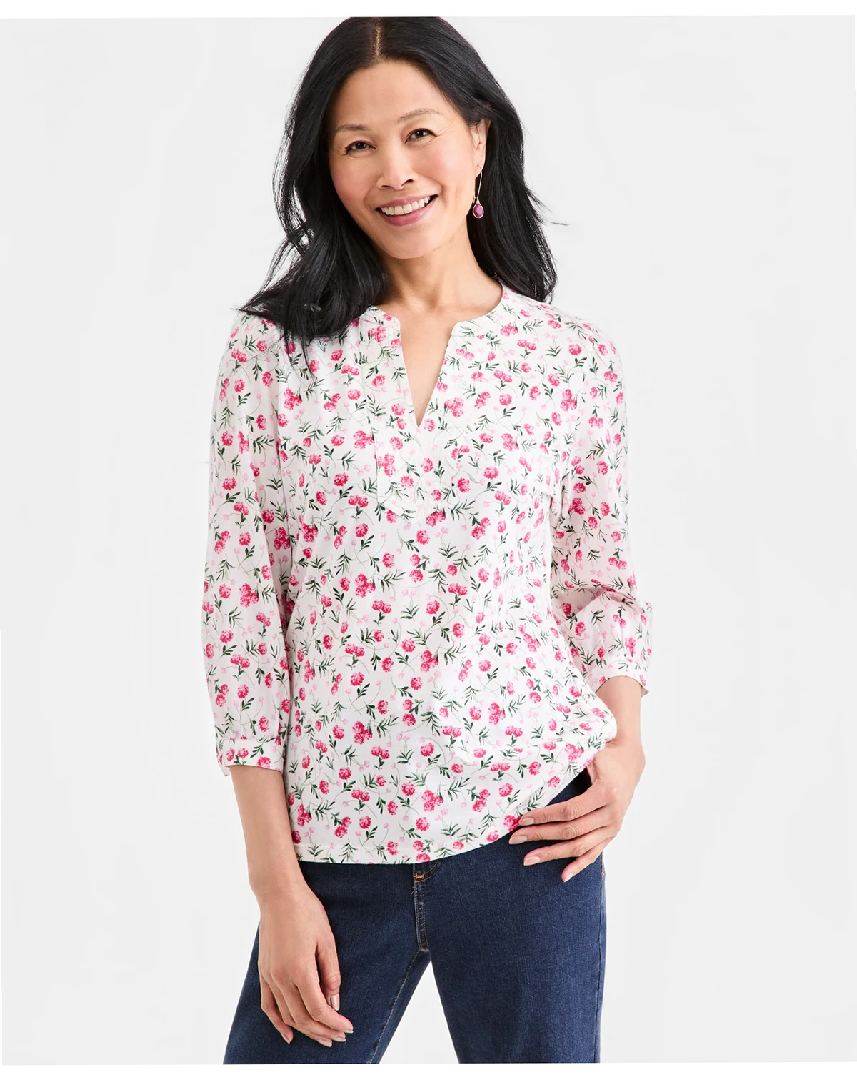 Women's 3/4-Sleeve Split Neck Knit Top, Macy's Exclusive