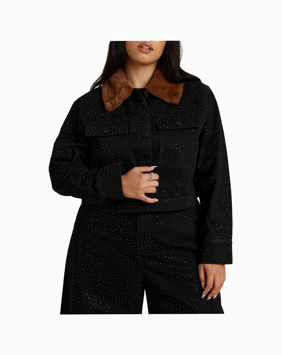 Women's Embellished Denim Jacket With Fur Collar