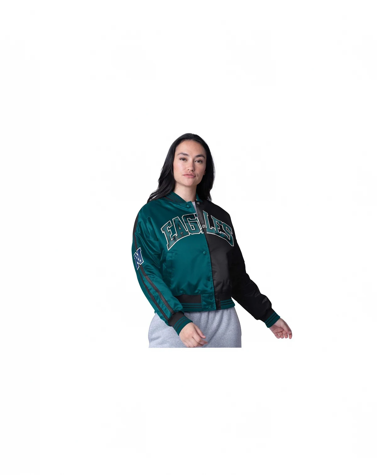 Women's Midnight Green/Black Philadelphia Eagles Zone Blitz Cropped Full-Snap Satin Jacket