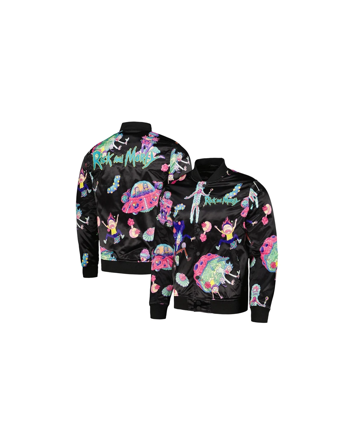 Men's Black Rick And Morty Graphic Satin Full-Snap Jacket