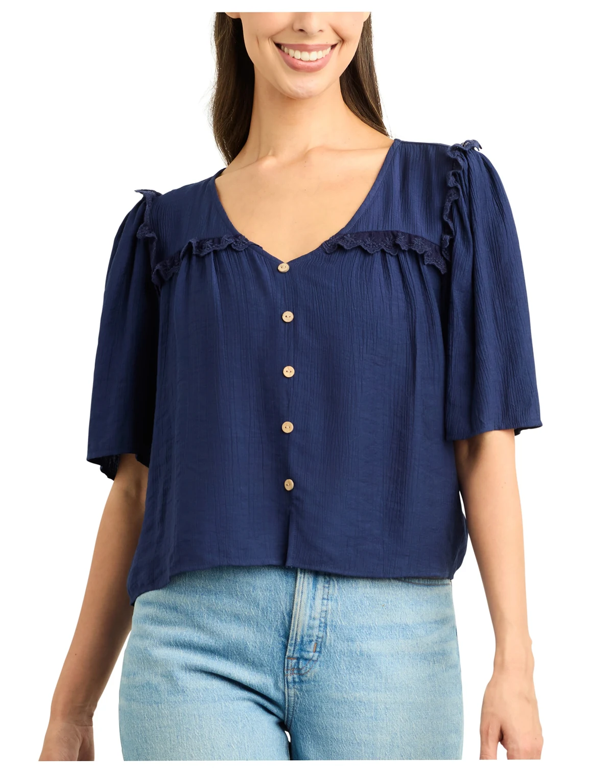 Juniors' Solid Crinkle V-Neck Top