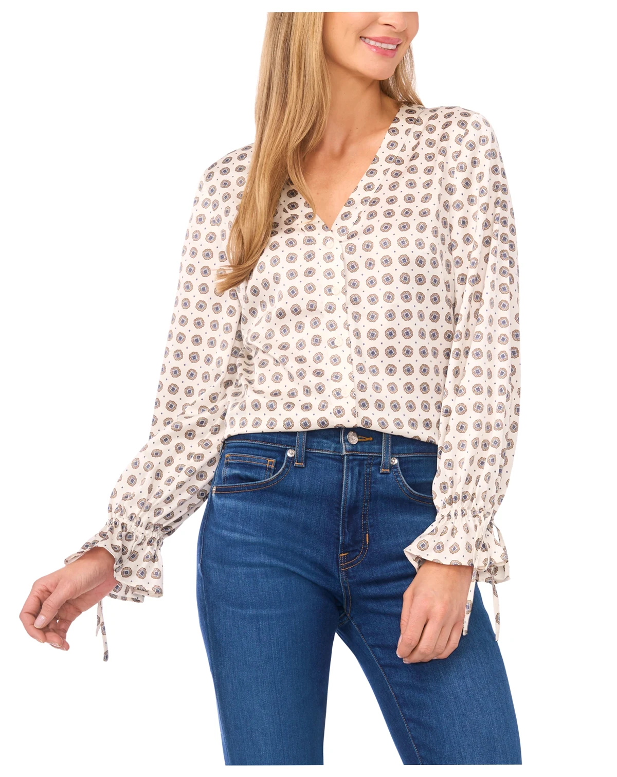 Women's V-Neck Button-Down Lace Flounce Top