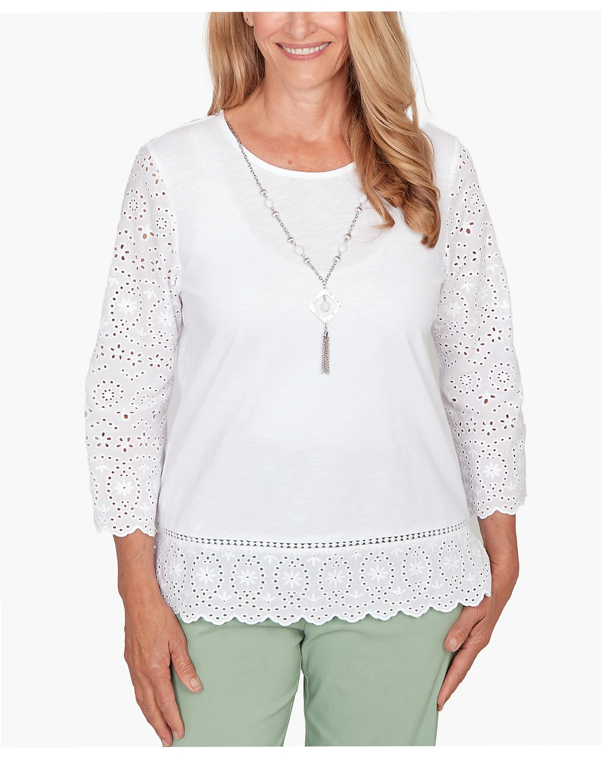 Women's St. Augustine Solid Eyelet Trim Top with Necklace