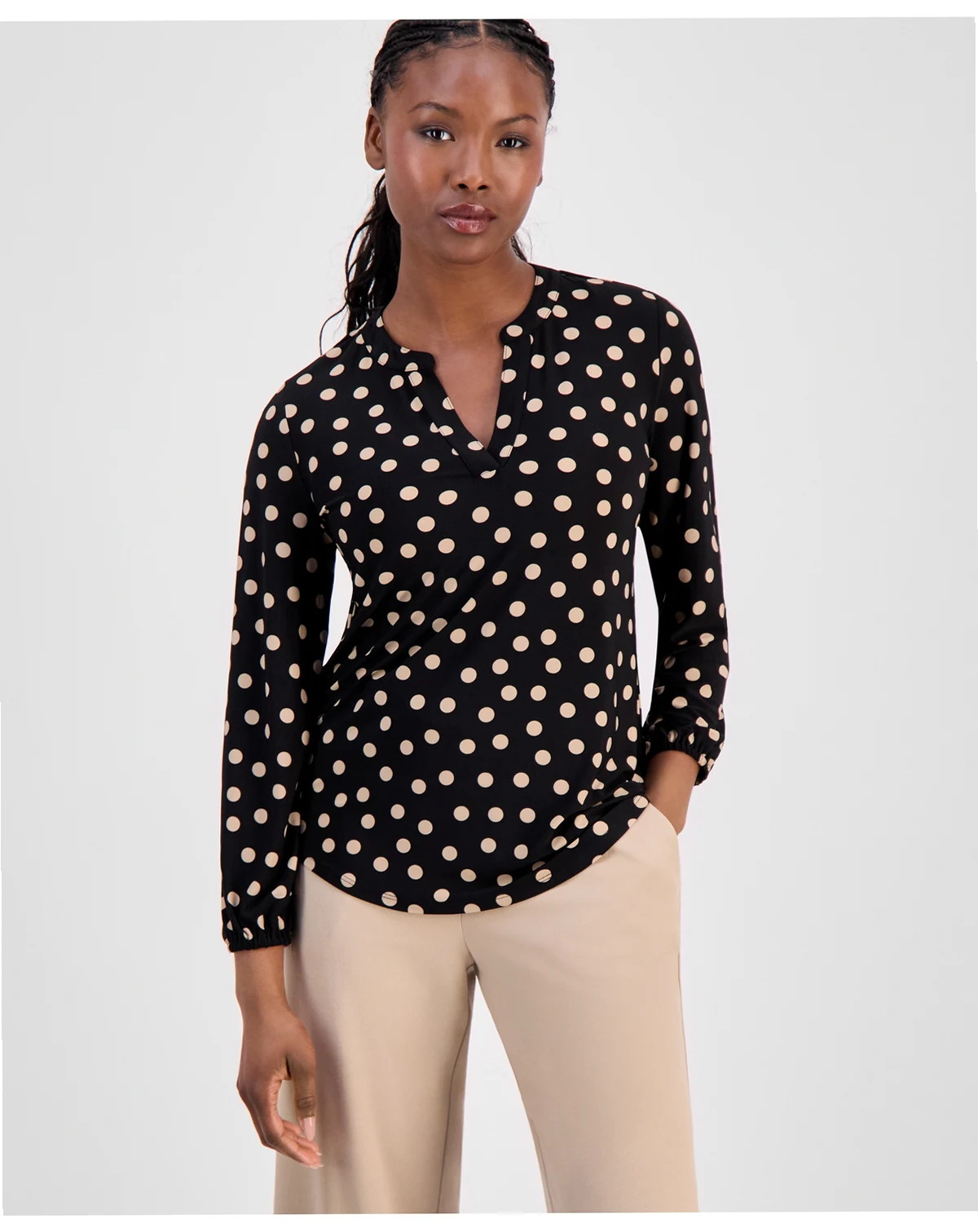 AK Anne Klein Petite Split-Neck Elastic-Cuff Top