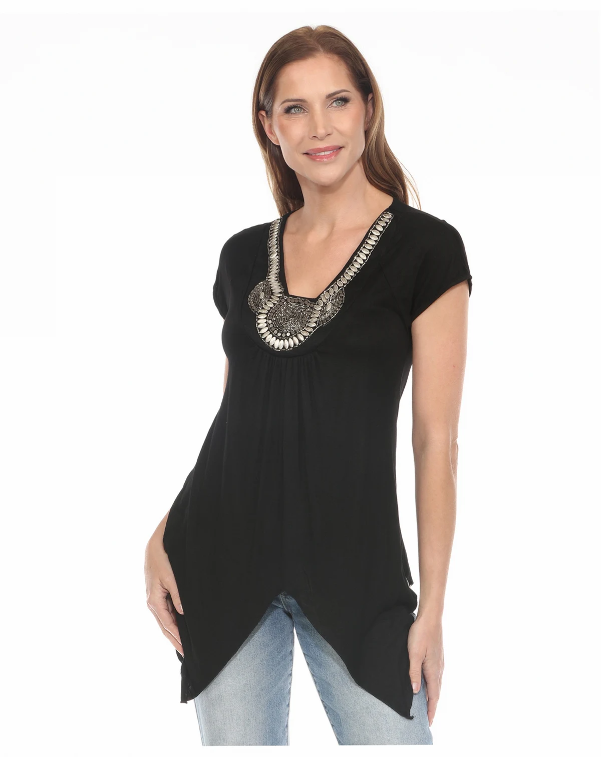 Women's Beaded Angled Hem Knit Top