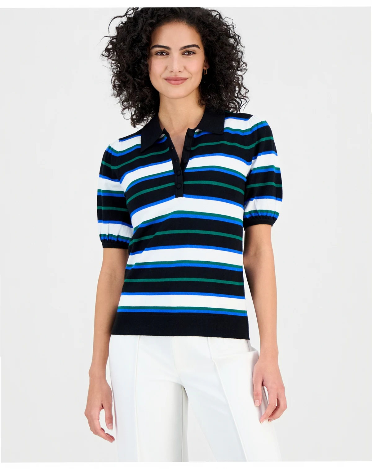 Women's Striped Elbow-Sleeve Polo Shirt