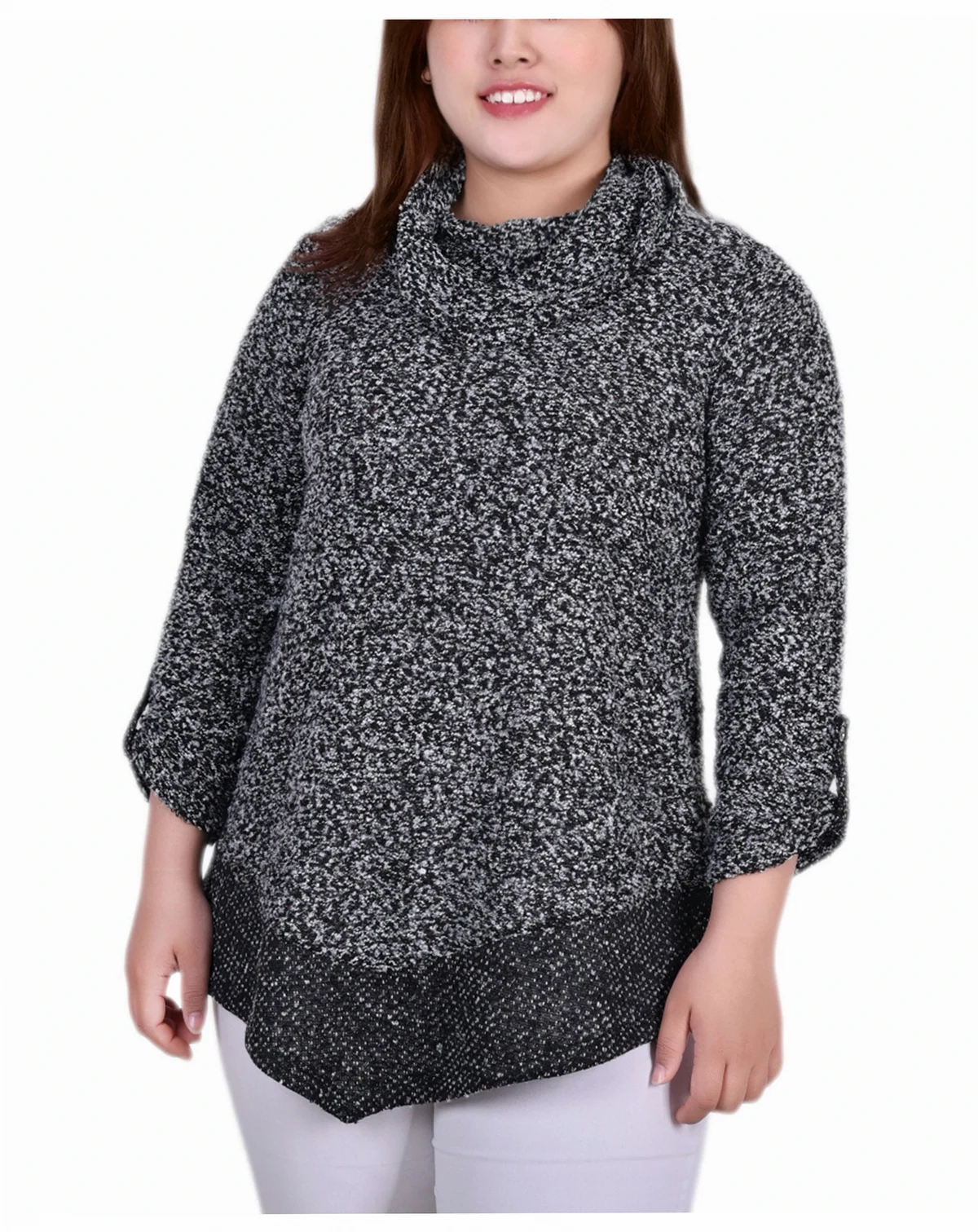 Plus Size Long Roll Tab Sleeve Nubby Cowl Neck Top
