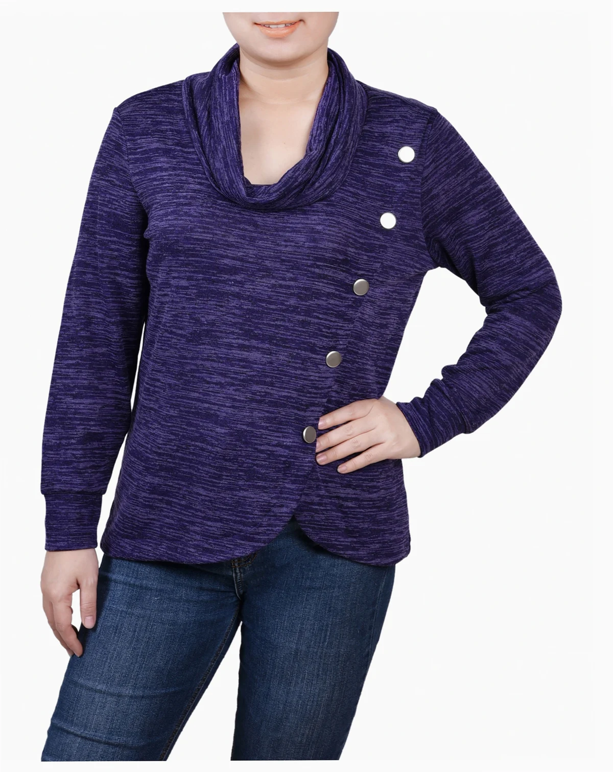Women's Missy Long Sleeve Overlapping Cowl Neck Top