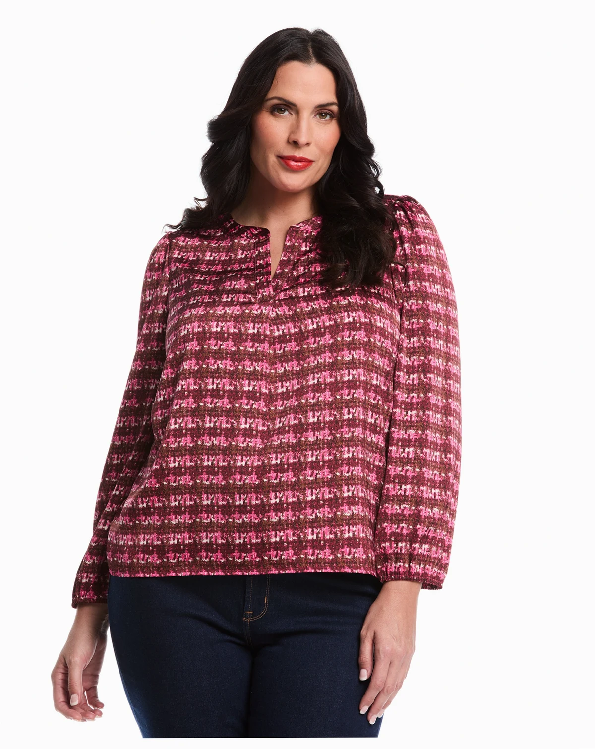 Plus Size Crosshatch Print Split Neck Long Sleeve Popover Top