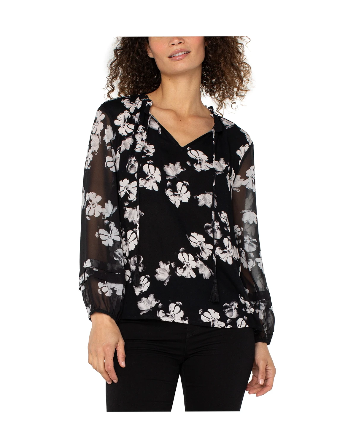 Women's Long-Sleeve Popover Shirred Woven Blouse