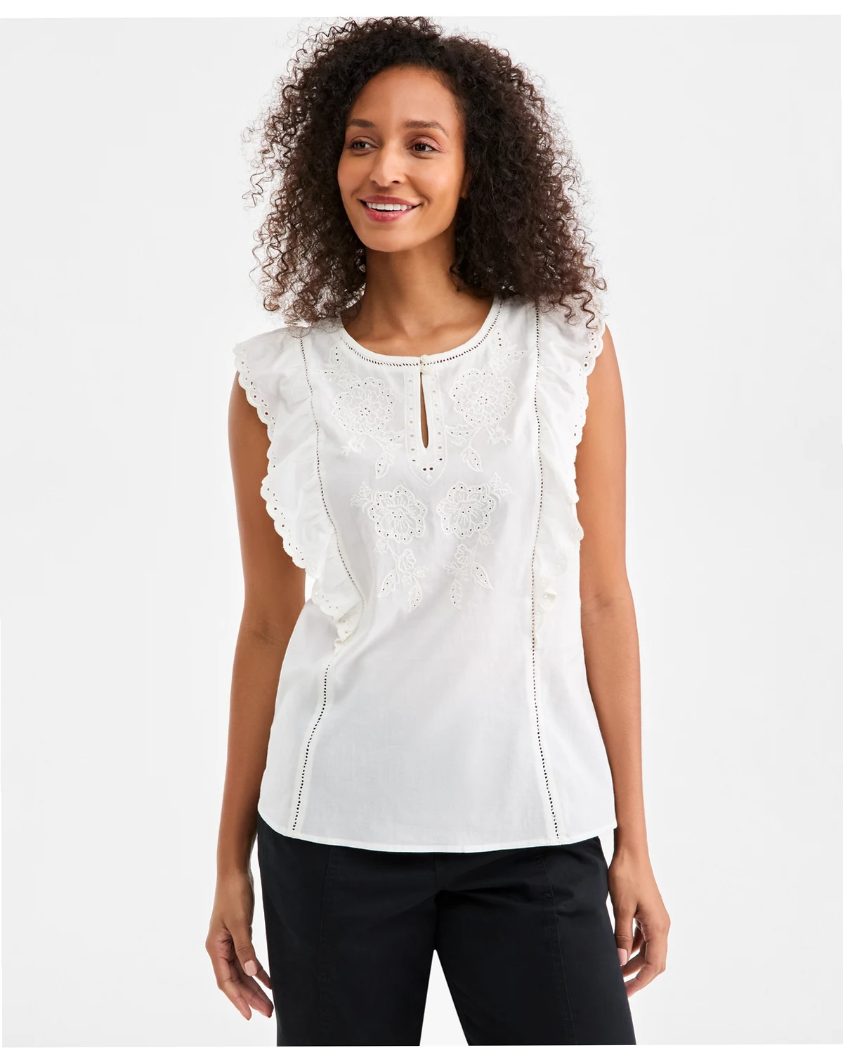 Women's Cotton Eyelet-Trim Flutter-Sleeve Top, Macy's Exclusive