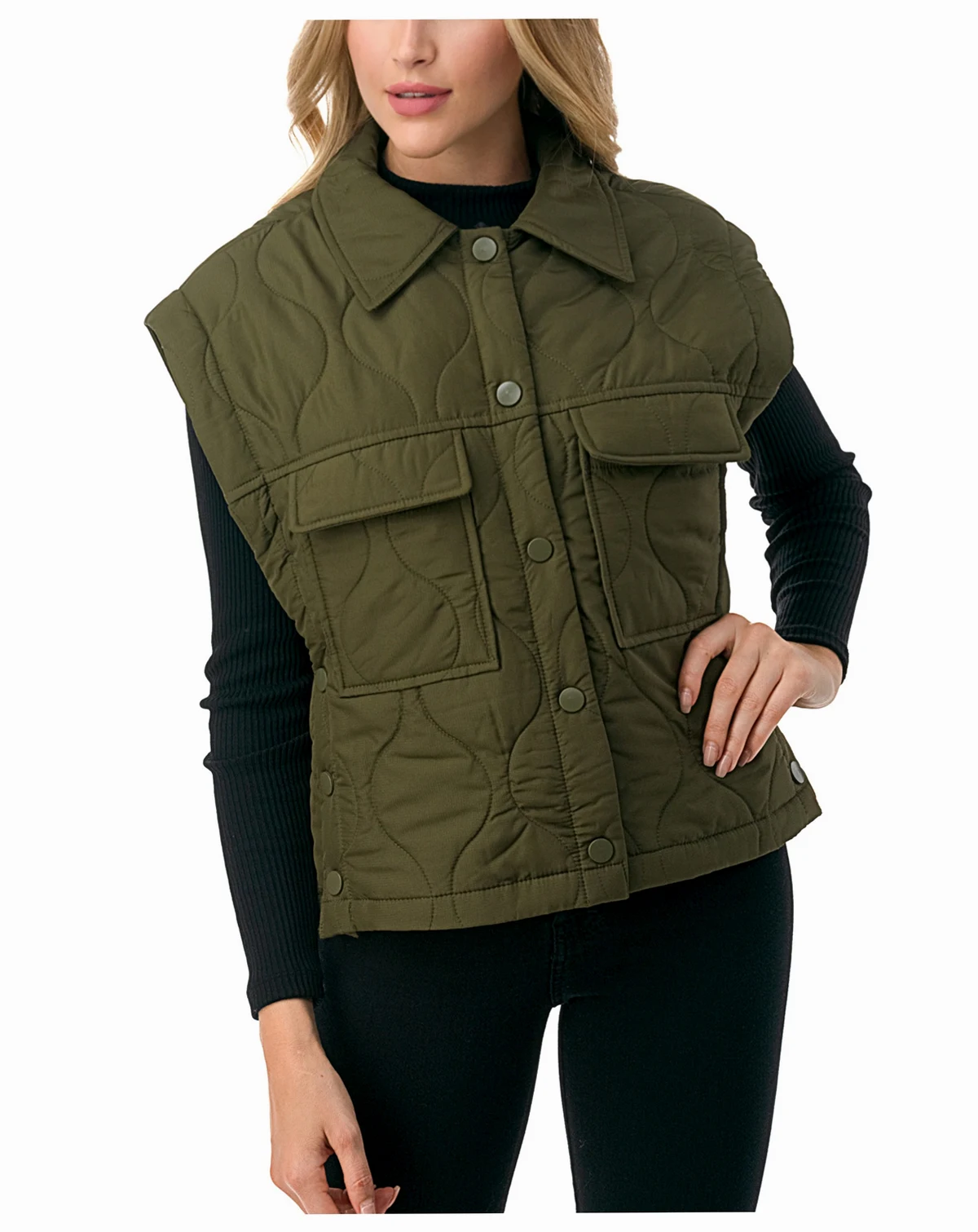 Women's Snap Front Quilted Vest with Front Pockets