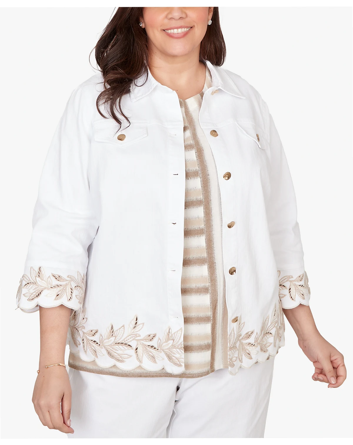 Plus Size Natural Wonder Leaf Cutout Embroidered Shirt Jacket