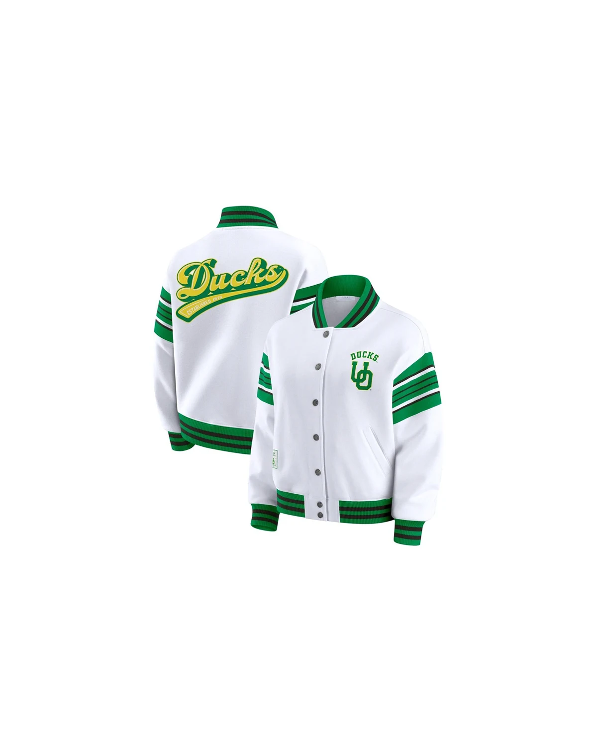 Women's White/Green Oregon Ducks Satin Stitch Full-Snap Fleece Sweatshirt Jacket