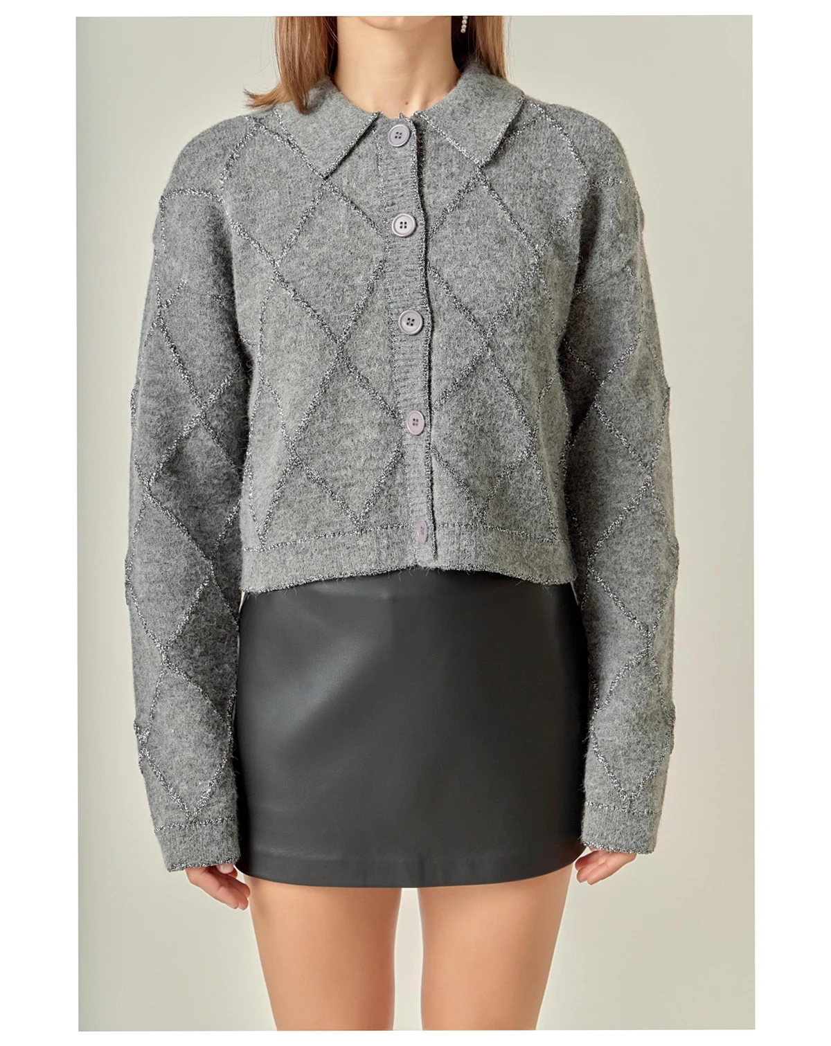 Women's Knit Cardigan Featuring a Lurex Argyle Pattern.