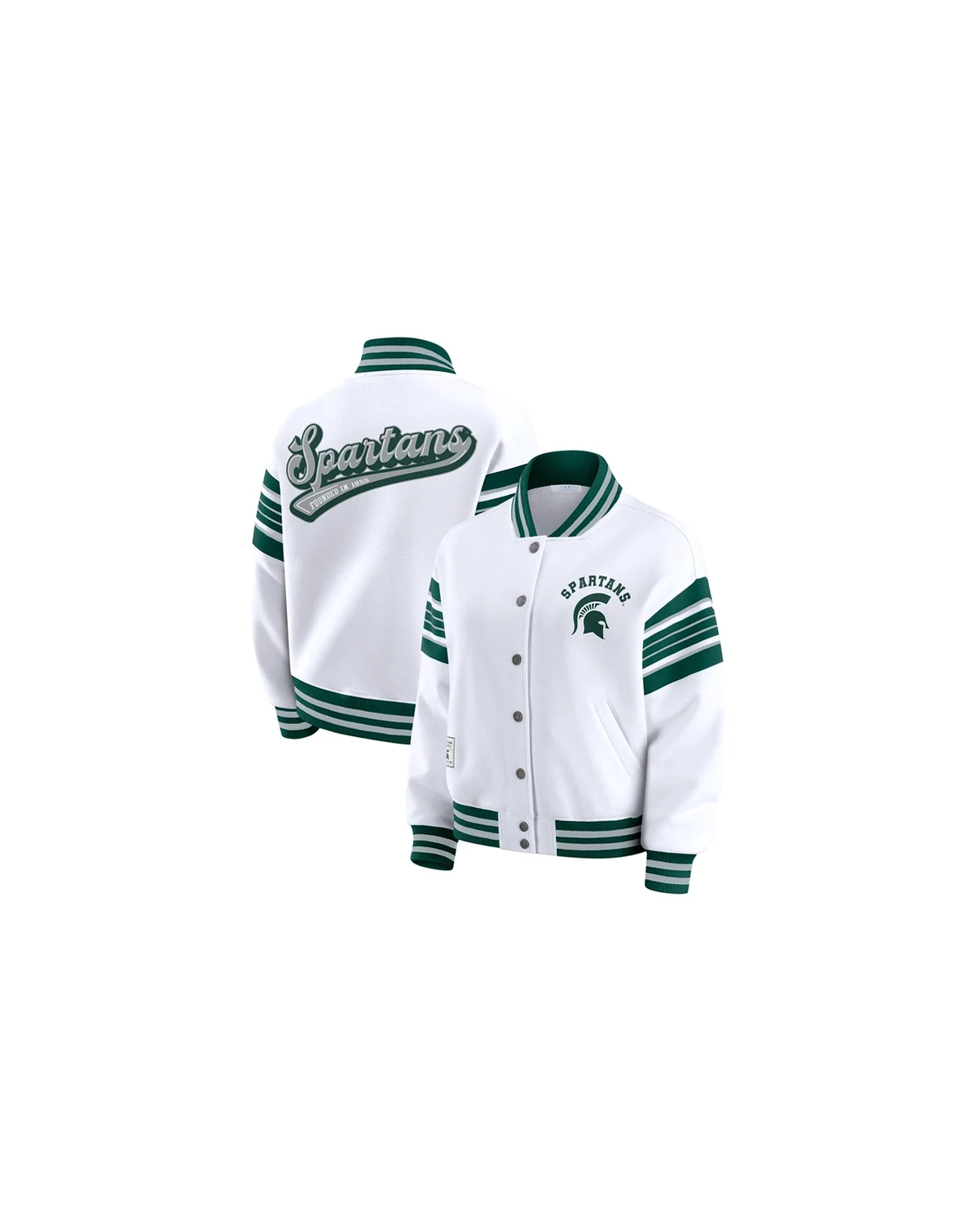 Women's White/Green Michigan State Spartans Satin Stitch Full-Snap Fleece Sweatshirt Jacket