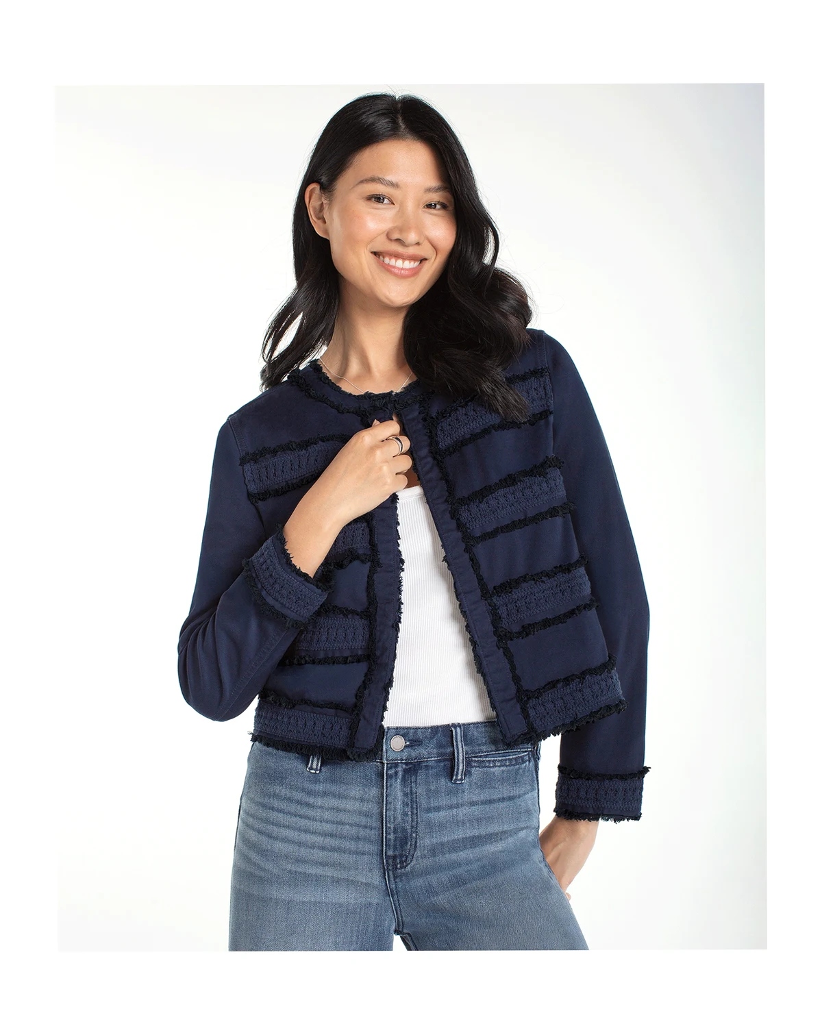 Women's Petite Collarless Fray and Lace Jacket