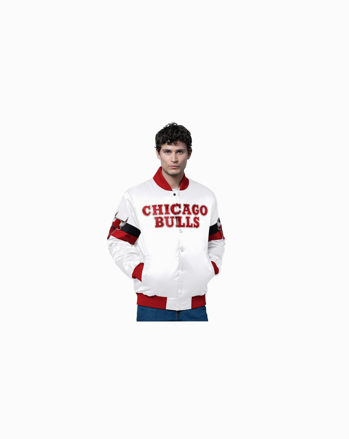Men's White Chicago Bulls Triple Option Varsity Full-Snap Satin Jacket