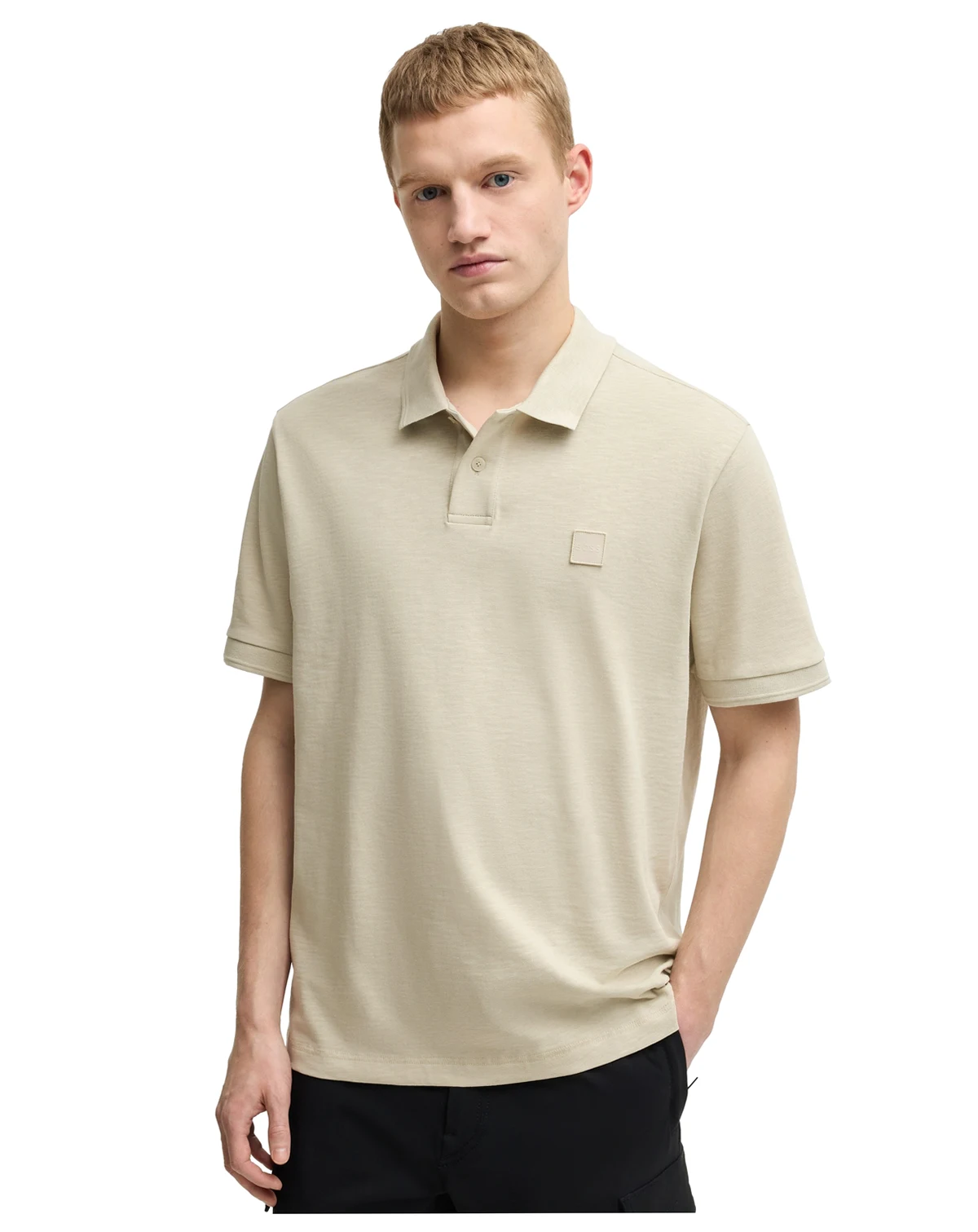 Men's Logo Badge Slub Cotton-Linen Polo Shirt