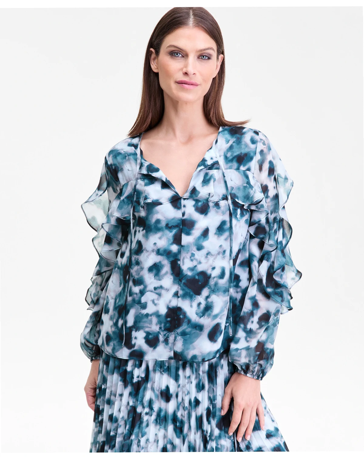 Women's Long-Sleeve Printed Ruffle-Trim Blouse, Macy's Exclusive