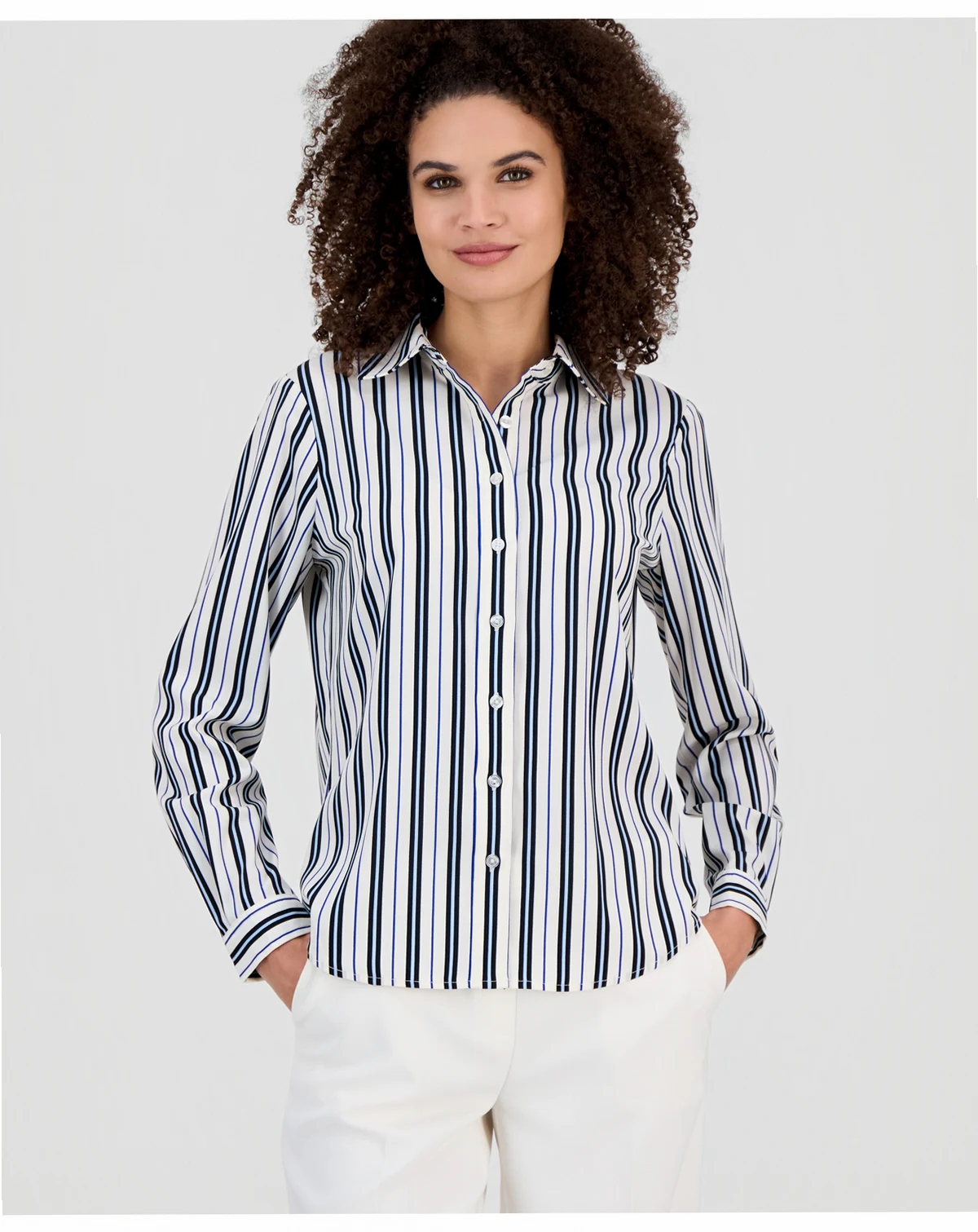 AK Anne Klein Petite Stripe Slim-Fit Long-Sleeve Shirt