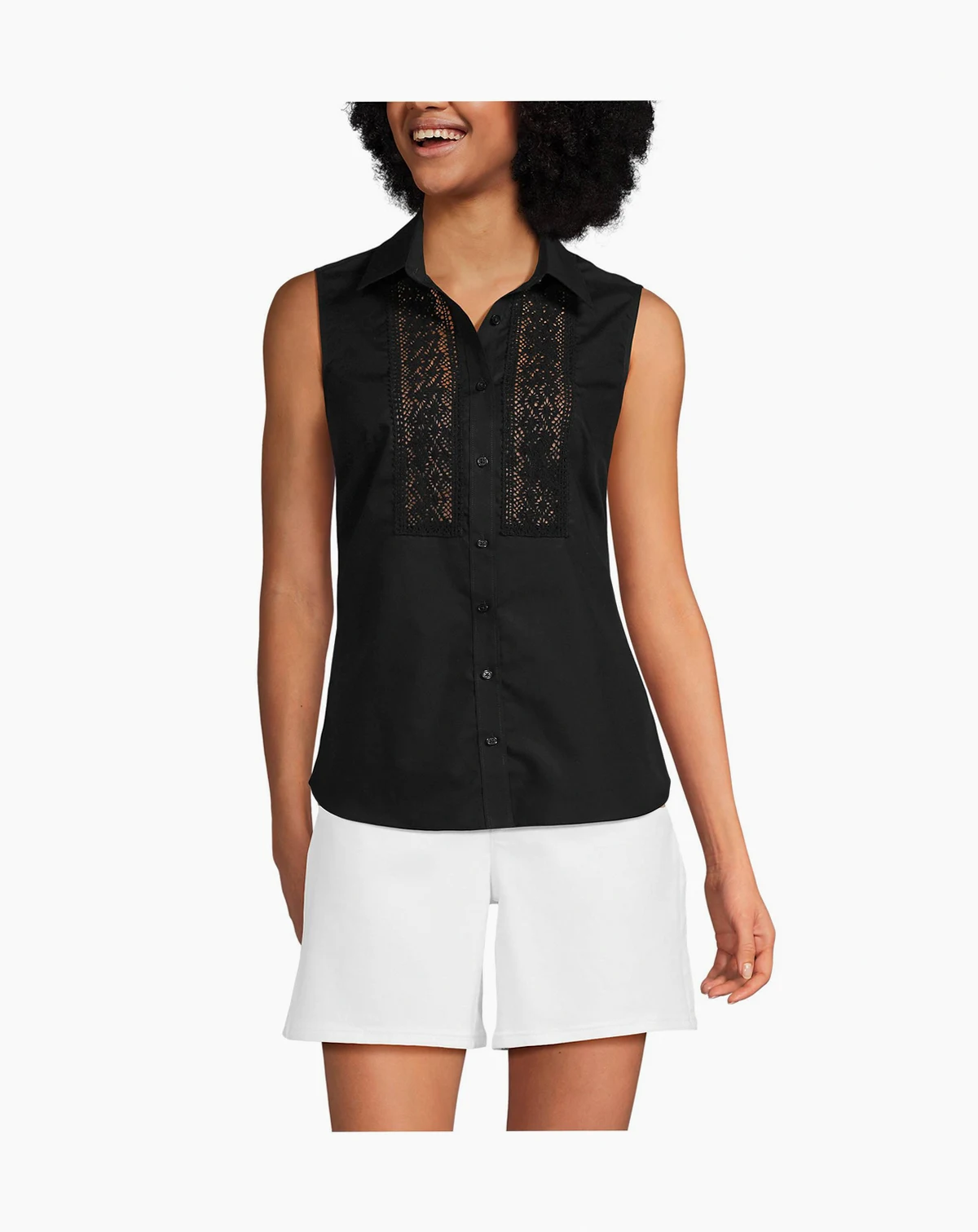 Women's Sleeveless No Iron Shirt with Lace Inset