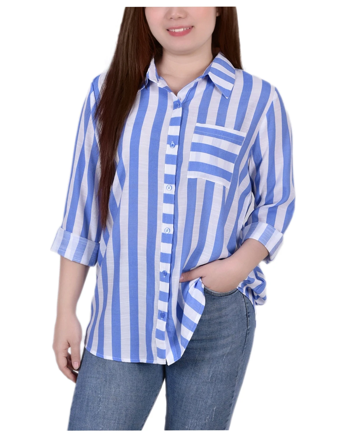 Women's Missy Long Sleeve Striped Blouse Top