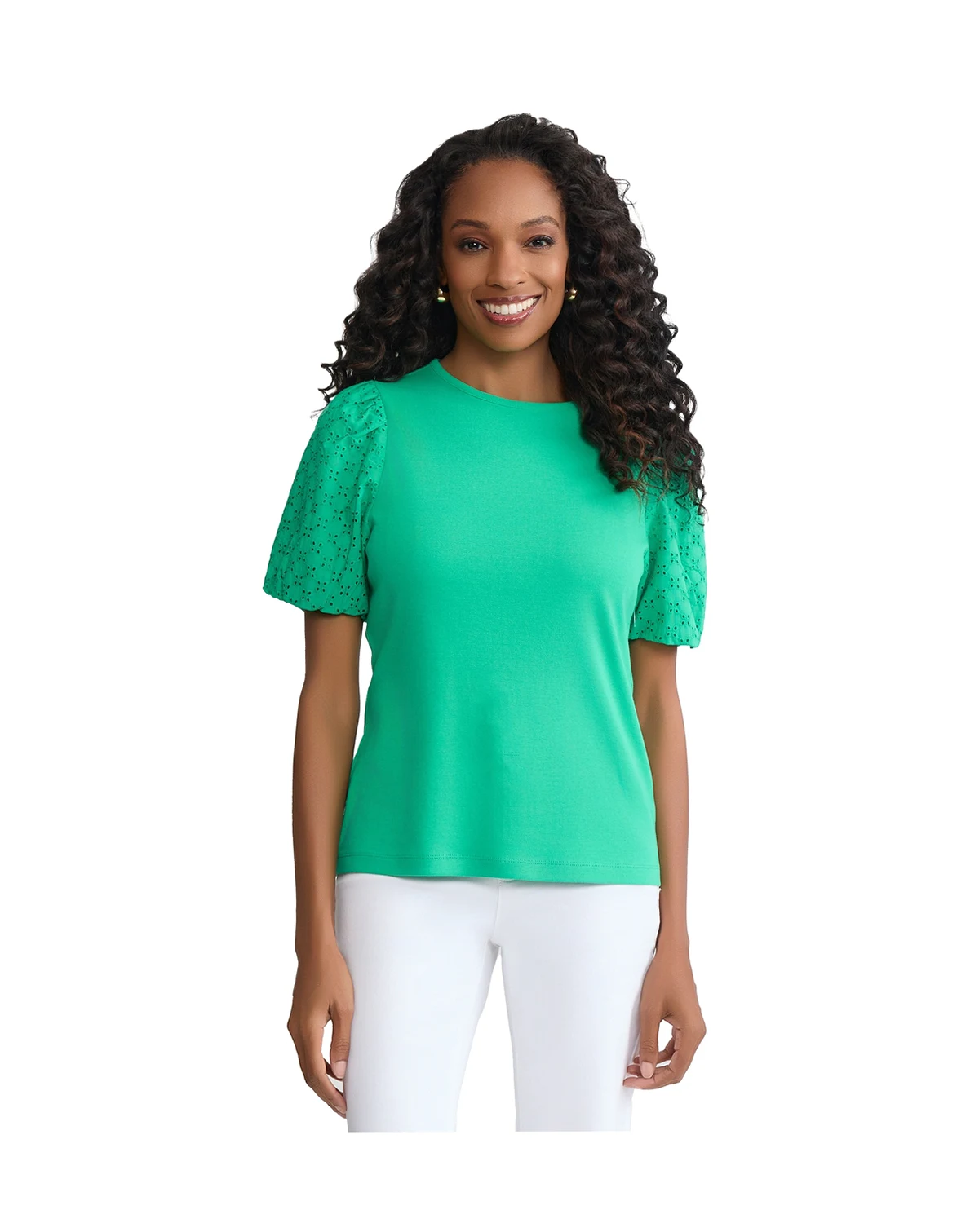 Women's Eyelet Puff-Sleeve Crewneck Top