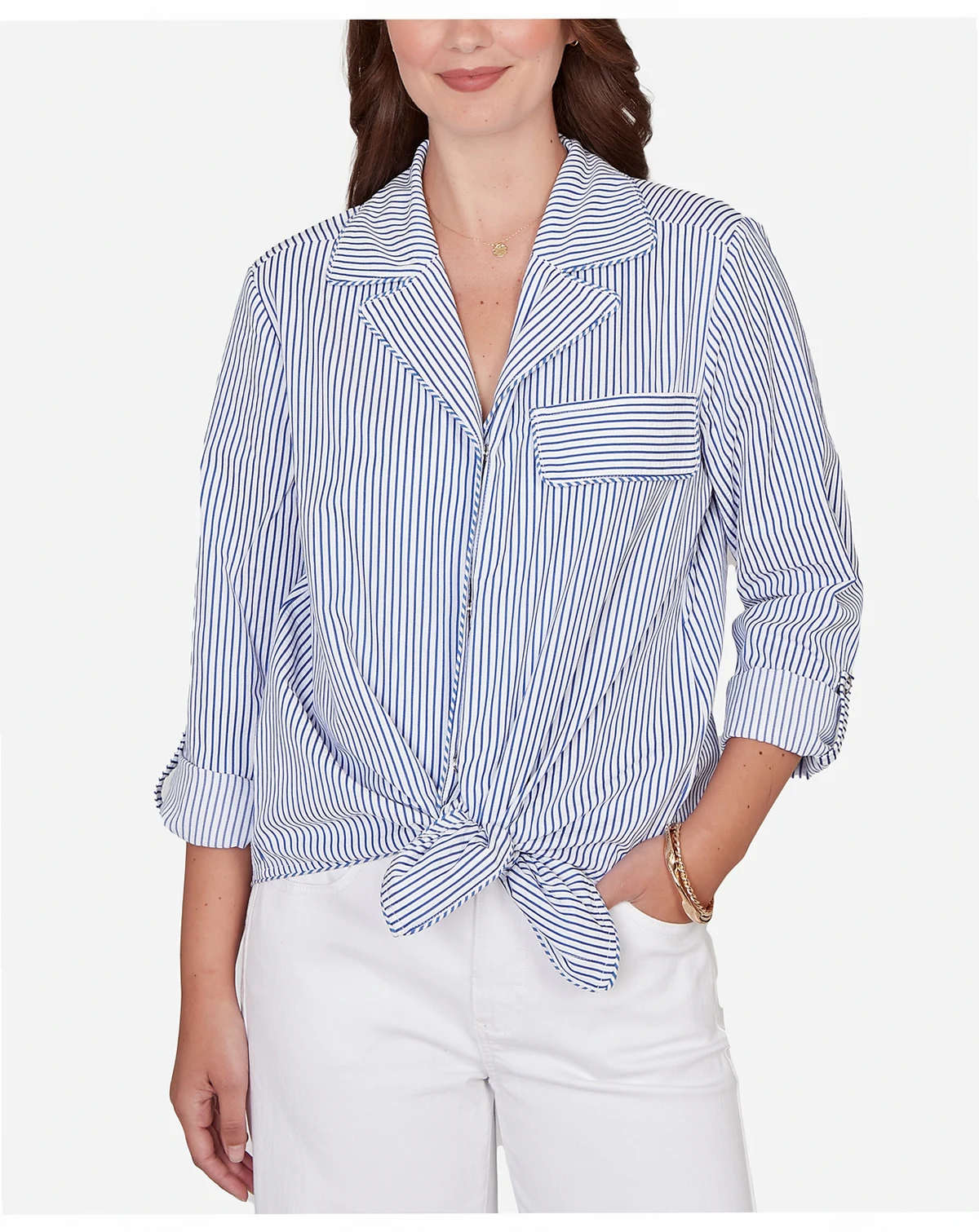 Petite Snap Front Tie Hem Pucker Stripe Top