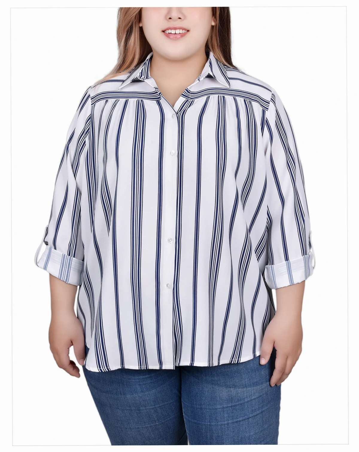 Plus Size Long Roll Tab Sleeve Blouse