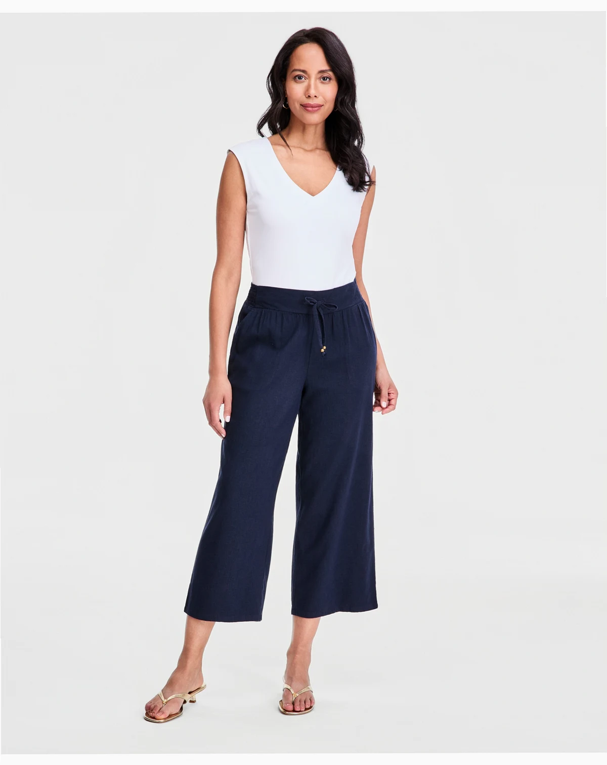 Women's Cropped Drawstring Linen-Blend Wide-Leg Pants, Macy's Exclusive