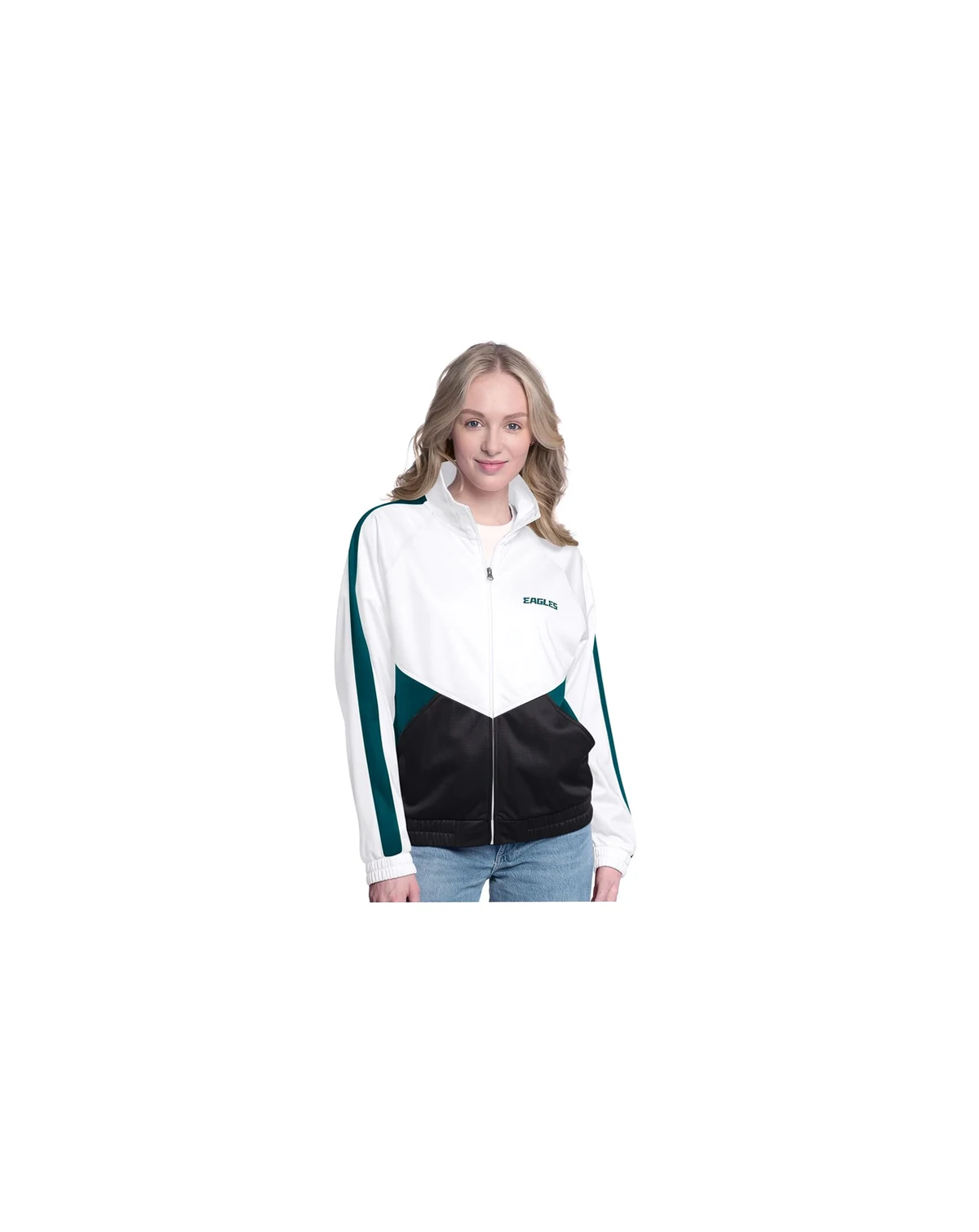 Women's White/Midnight Green Philadelphia Eagles Rally Rhinestone Full-Zip Track Jacket