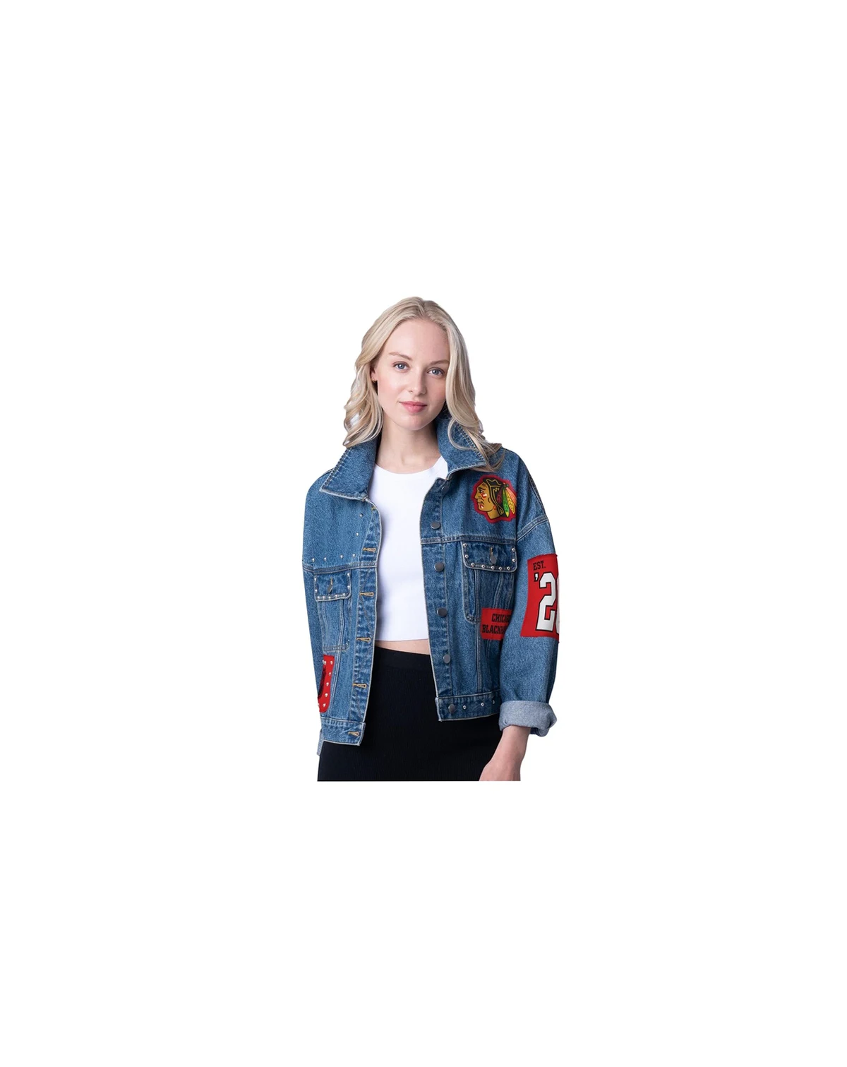 Women's Chicago Blackhawks Game Ball Cropped Button-Up Denim Jacket